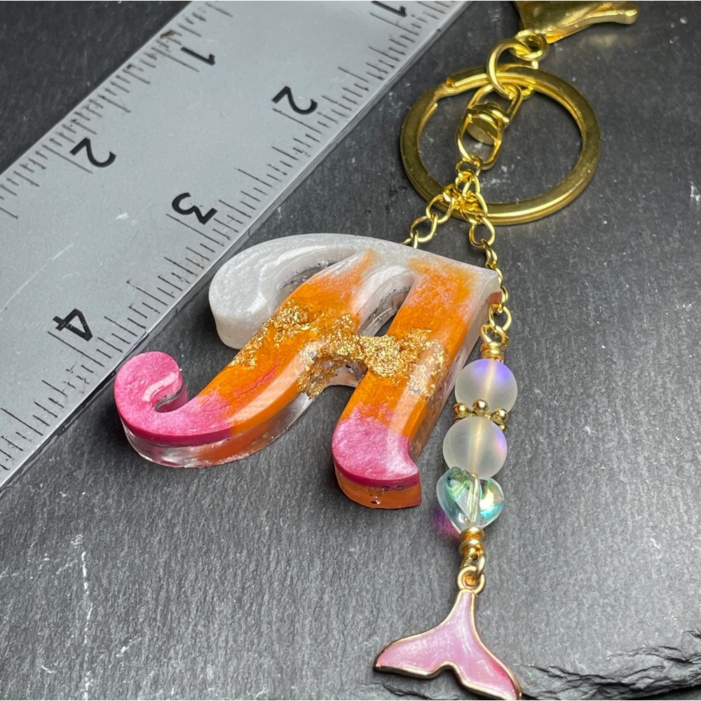 Custom Orange, Pink and Cream Letter “A” Keychain with Gold Accents - Picture 9 of 12